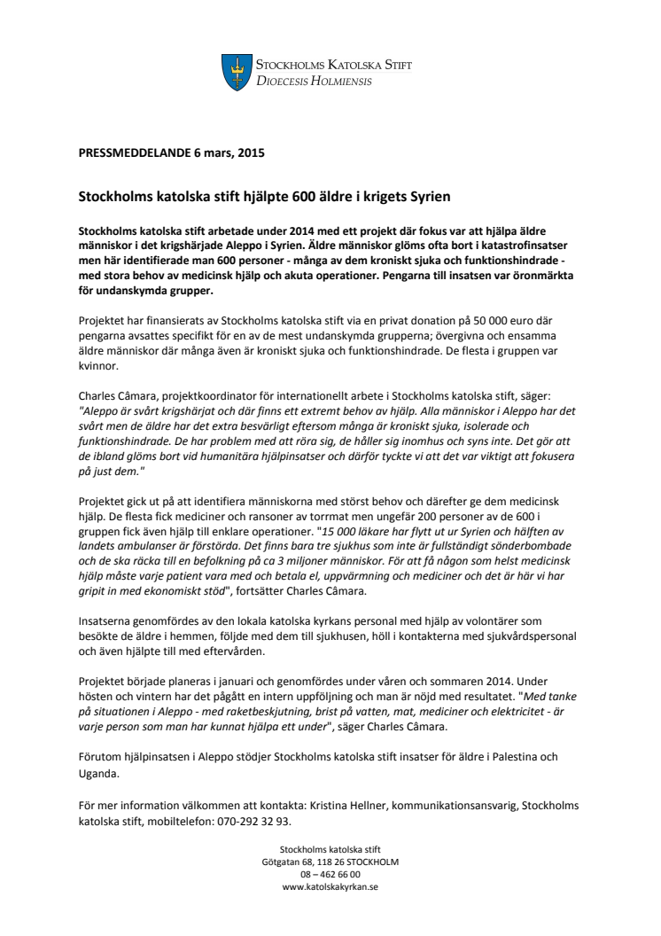 Stockholms katolska stift hjälpte 600 äldre i krigets Syrien 
