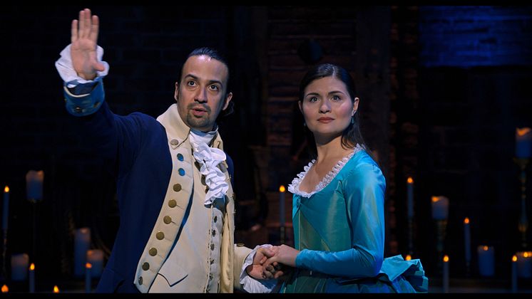 Lin-Manuel Miranda is Alexander Hamilton and Phillipa Soo is Eliza Hamilton in Hamilton.jpeg