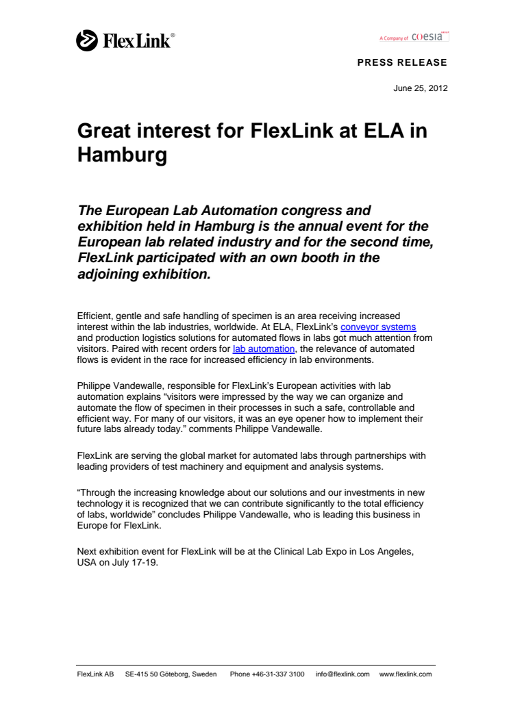 Great interest for FlexLink at ELA in Hamburg