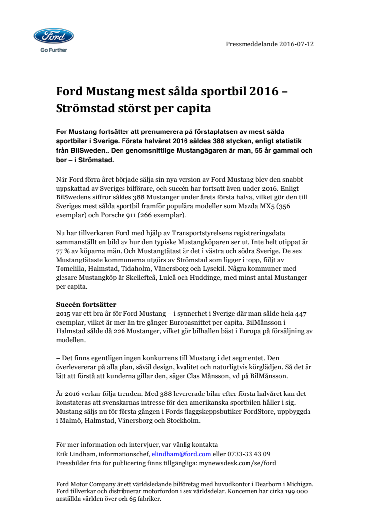 Ford Mustang mest sålda sportbil 2016 – Strömstad störst per capita