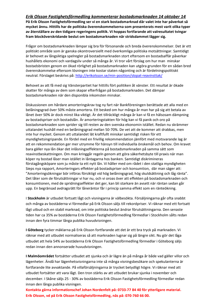 Erik Olsson Fastighetsförmedling kommenterar bostadsmarknaden 14 oktober