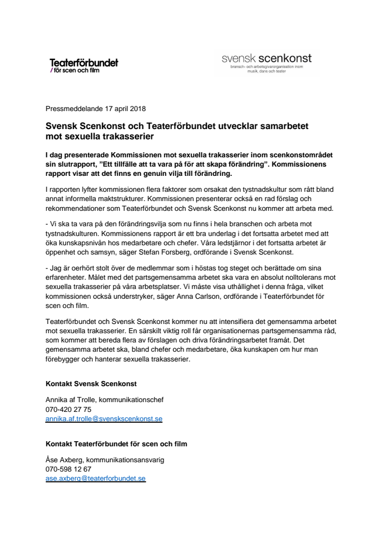 Svensk Scenkonst och Teaterförbundet utvecklar samarbetet mot sexuella trakasserier