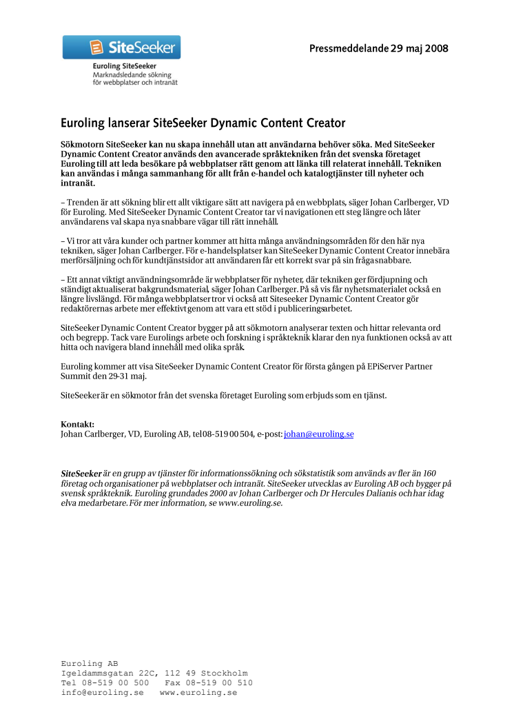 Euroling lanserar SiteSeeker Dynamic Content Creator