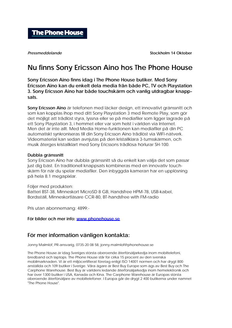 Nu finns Sony Ericsson Aino hos The Phone House