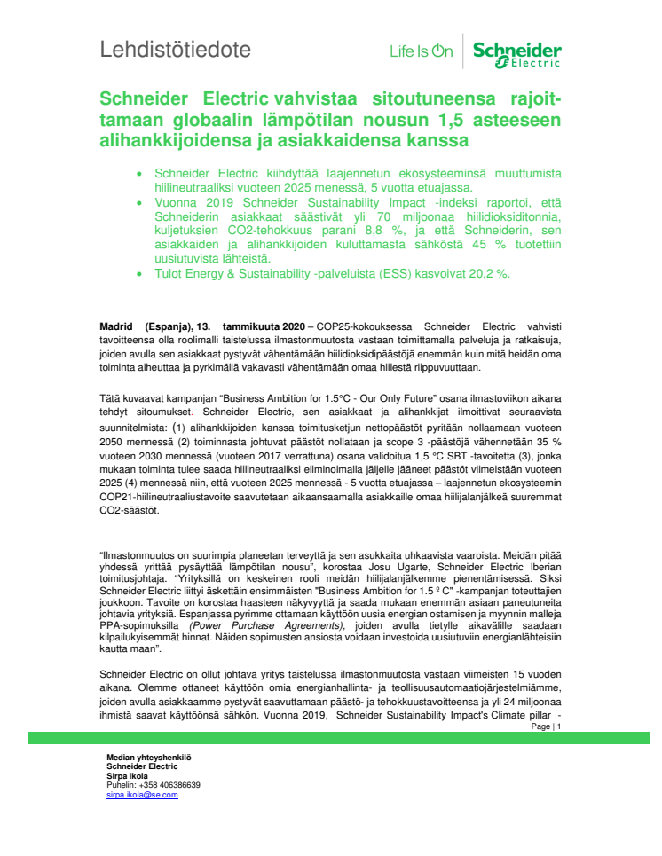 Schneider Electric vahvistaa sitoutuneensa rajoittamaan globaalin lämpötilan nousun 1,5 asteeseen alihankkijoidensa ja asiakkaidensa kanssa