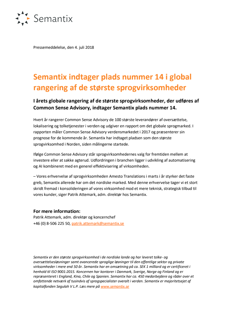 Semantix indtager plads nummer 14 i global rangering af de største sprogvirksomheder