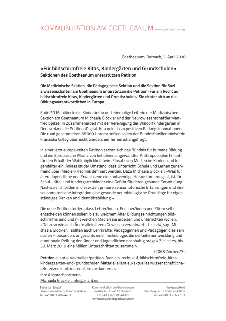 «Für bildschirmfreie Kitas, Kindergärten und Grundschulen». ​Sektionen des Goetheanum unterstützen Petition