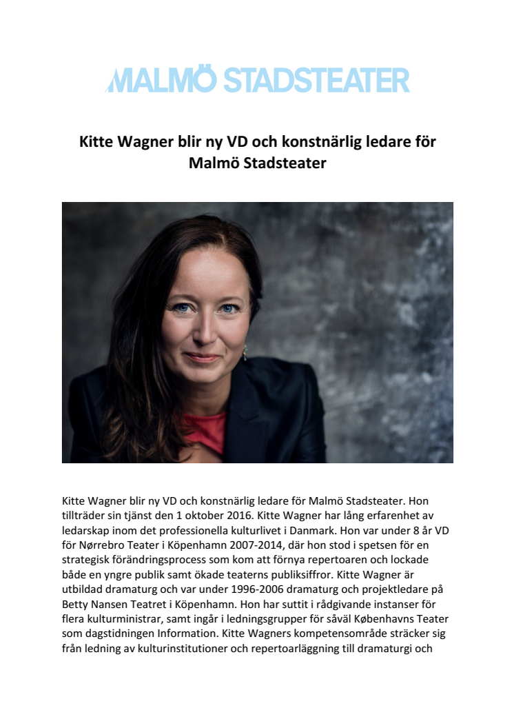 Kitte Wagner blir ny VD och konstnärlig ledare för Malmö Stadsteater