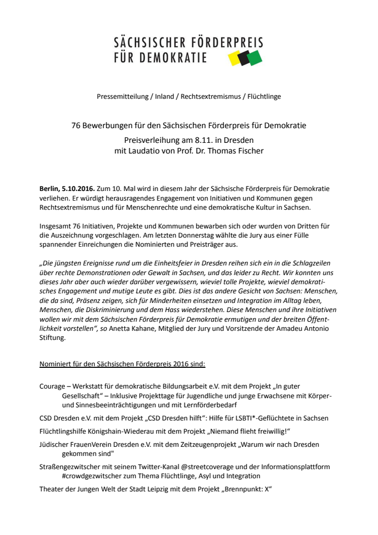 76 Bewerbungen für den Sächsischen Förderpreis für Demokratie: Preisverleihung am 8.11. in Dresden mit Laudatio von Prof. Dr. Thomas Fischer