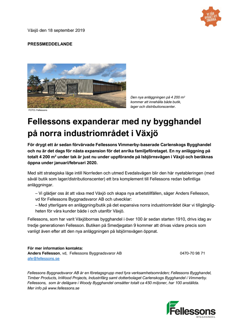 Fellessons expanderar med ny bygghandel  på norra industriområdet i Växjö
