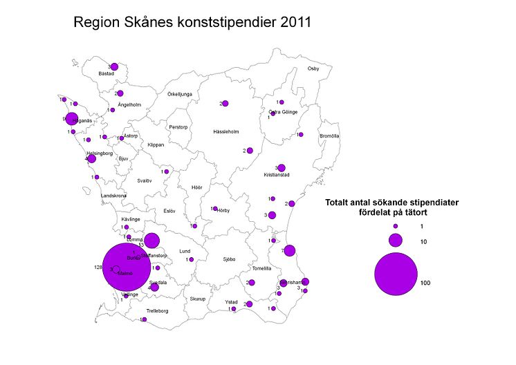 Region Skånes konststipendier 2011 totalt antal sökande fördelat på tätort