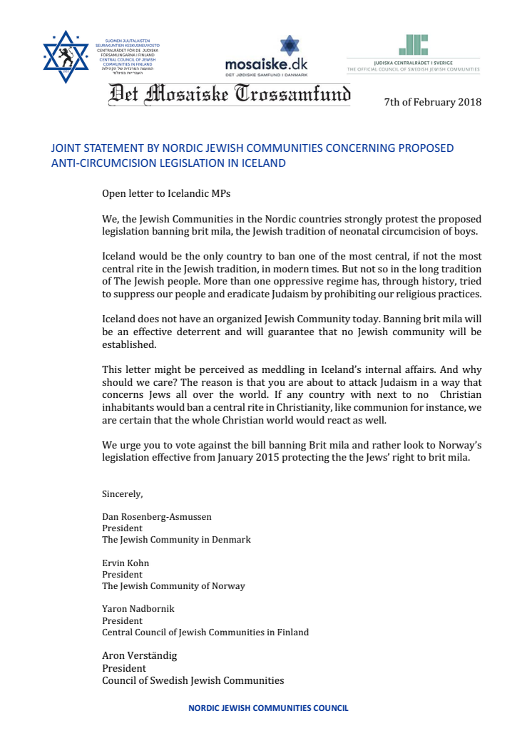 JOINT STATEMENT BY NORDIC JEWISH COMMUNITIES CONCERNING PROPOSED ANTI-CIRCUMCISION LEGISLATION IN ICELAND