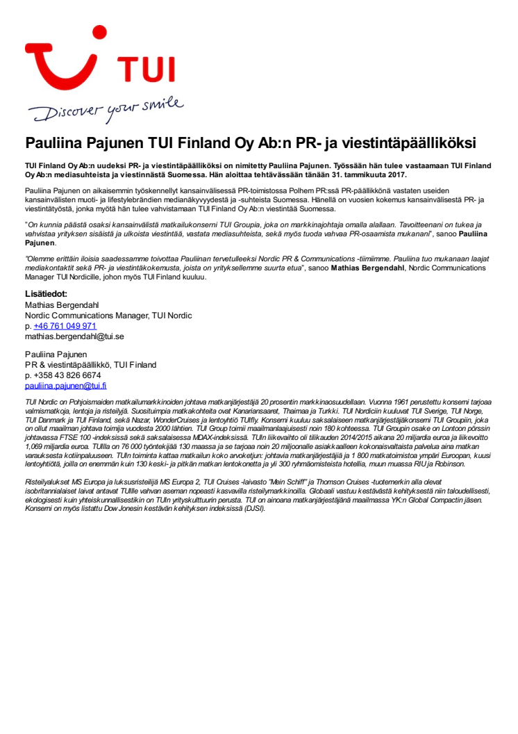 Pauliina Pajunen TUI Finland Oy Ab:n PR- ja viestintäpäälliköksi