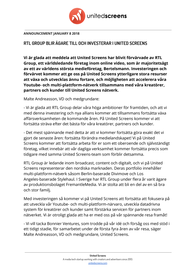 ​RTL Group blir ägare till och investerar i United Screens