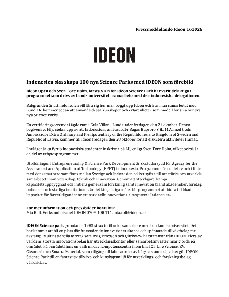 Indonesien ska skapa 100 nya Science Parks med IDEON som förebild