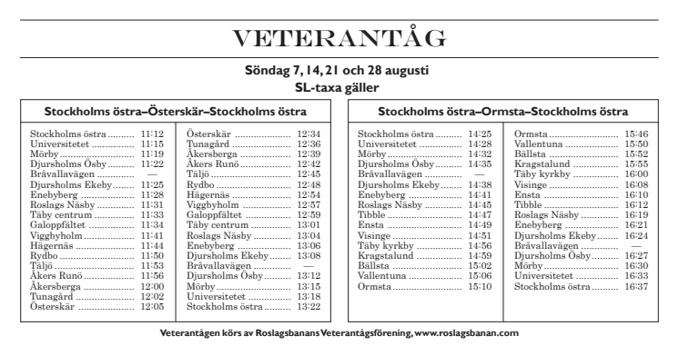 Tidtabell Roslagsbanans veterantåg augusti 2016