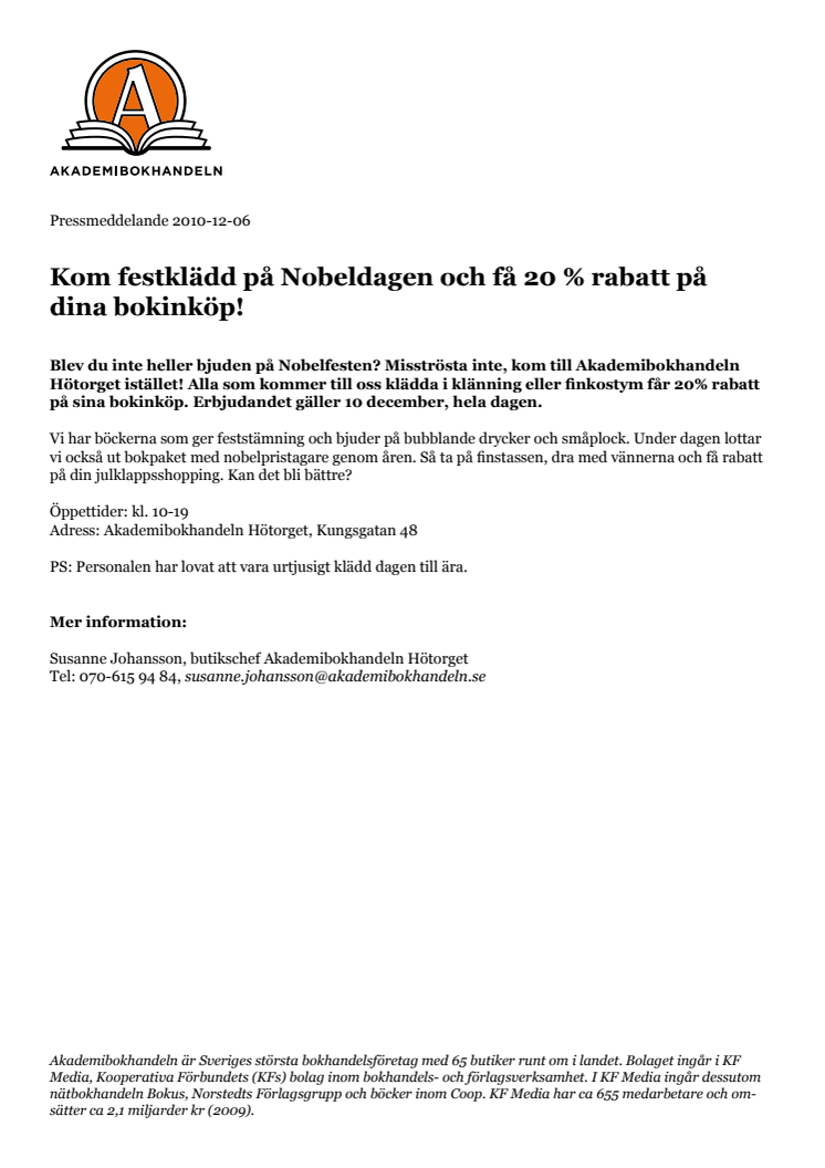 Kom festklädd på Nobeldagen och få 20% rabatt på dina bokinköp!
