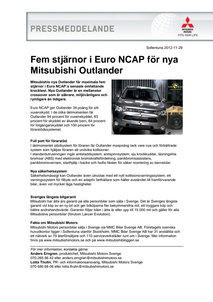 Fem stjärnor i Euro NCAP till nya Mitsubishi Outlander