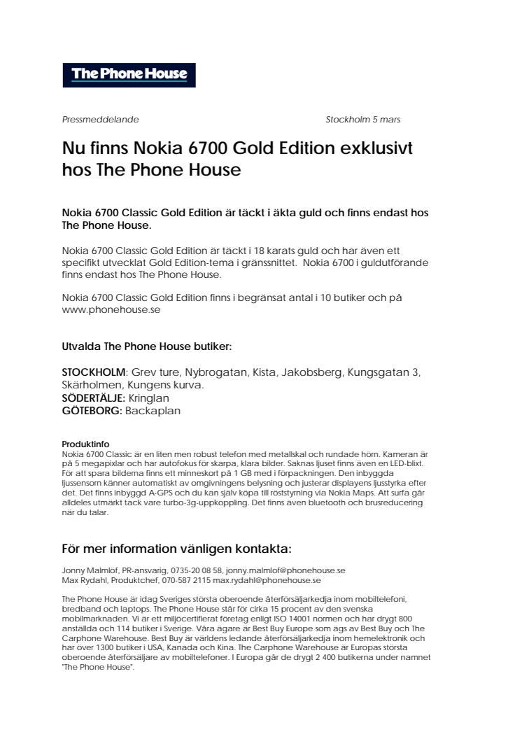 Nu finns Nokia 6700 Gold Edition exklusivt hos The Phone House 