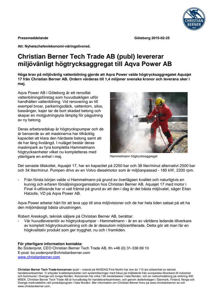 Christian Berner Tech Trade AB (publ) levererar miljövänligt högtrycksaggregat till Aqva Power AB