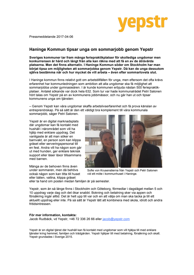 Haninge Kommun tipsar om sommarjobb genom Yepstr