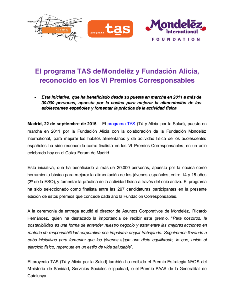 El programa TAS de Mondelēz y Fundación Alicia, reconocido en los VI Premios Corresponsables