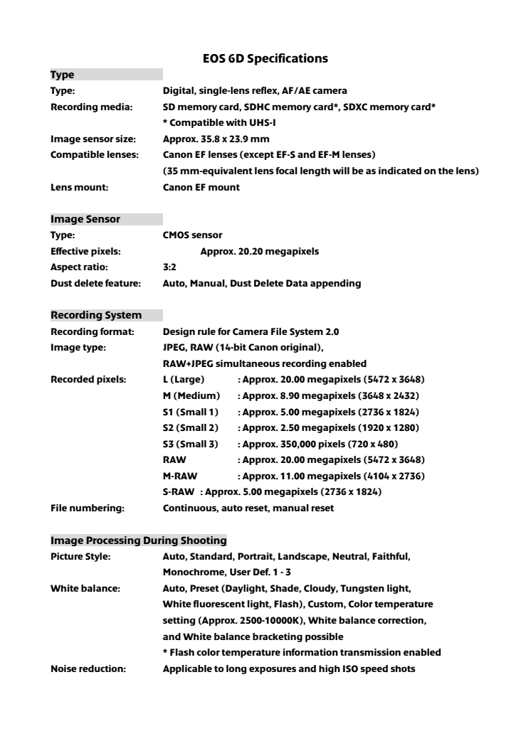 Canon EOS 6D tekniska specifikationer