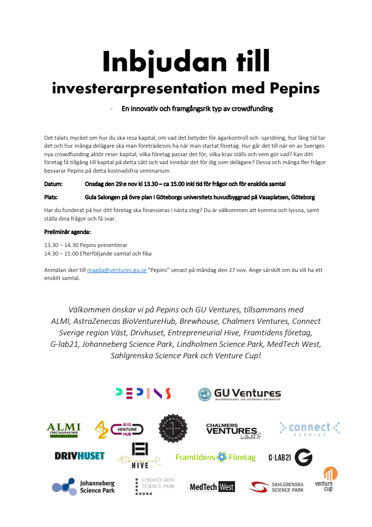 Inbjudan till investerarpresentation med Pepins - en innovativ och framgångsrik typ av crowdfunding