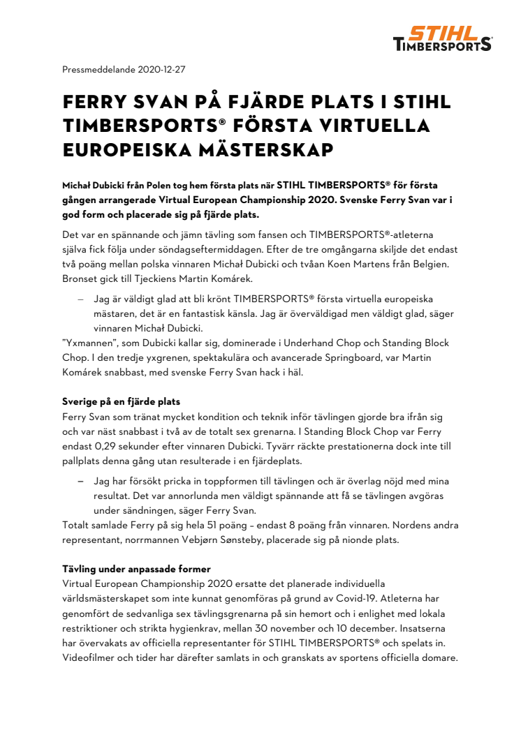 Ferry Svan på fjärde plats i STIHL TIMBERSPORTS® första virtuella europeiska mästerskap 