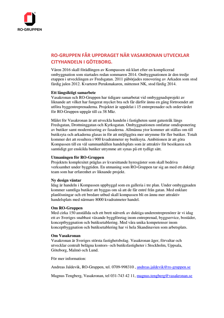 RO-Gruppen får uppdraget när Vasakronan utvecklar cityhandeln i Göteborg