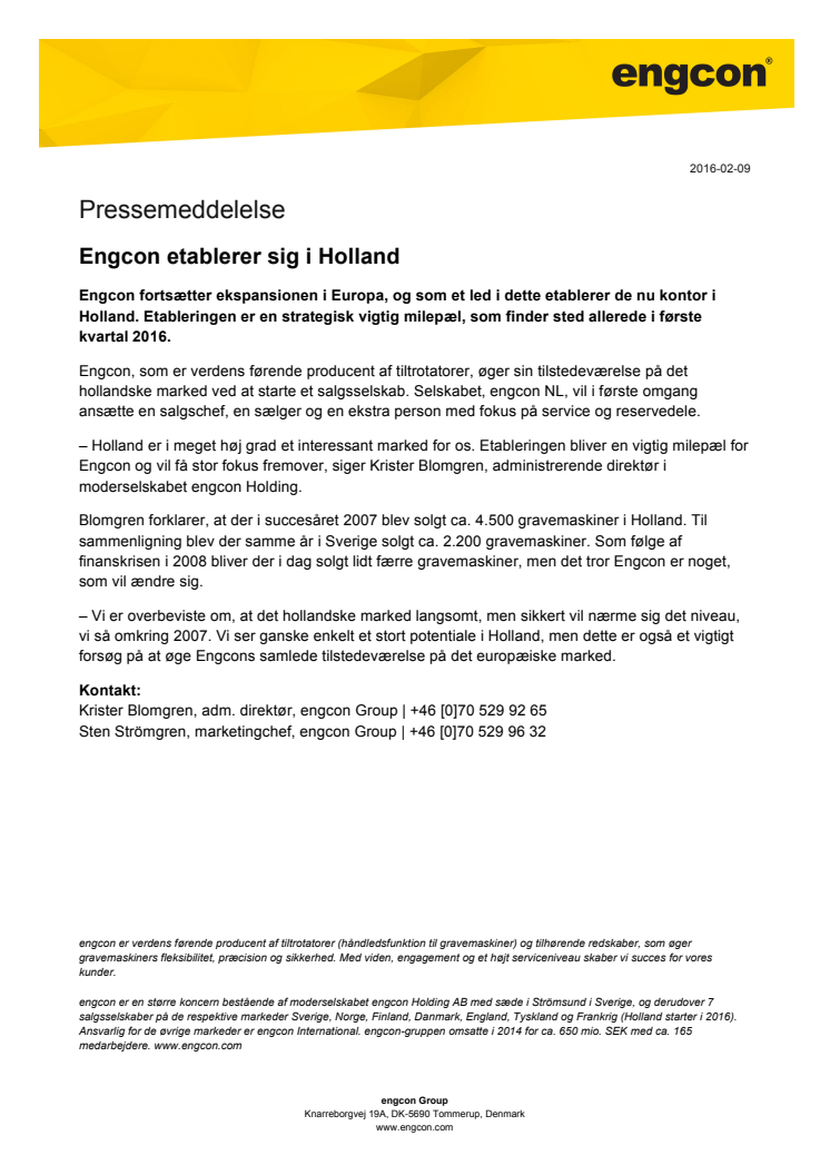 Engcon etablerer sig i Holland
