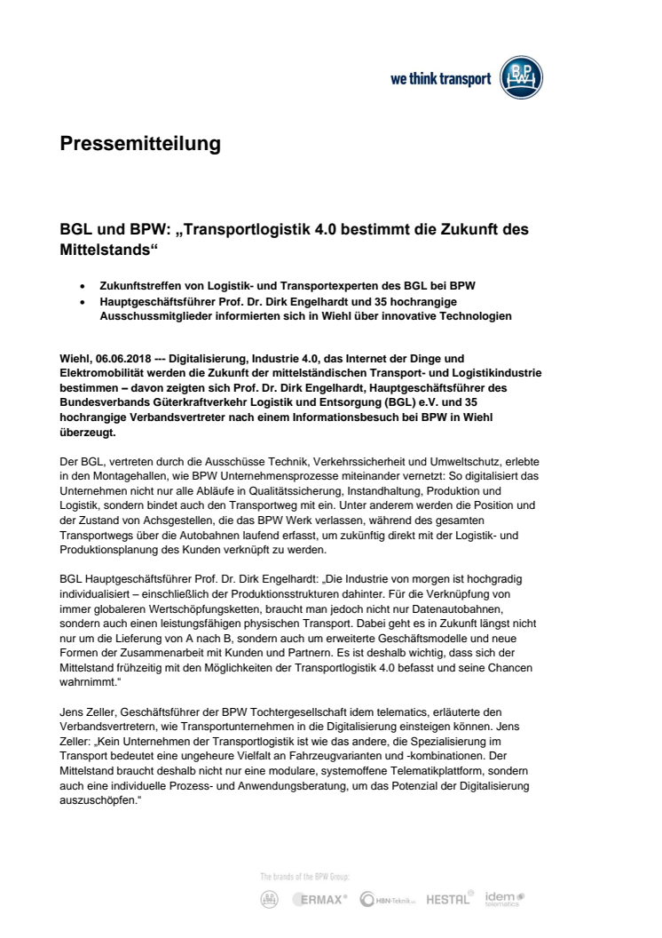 BGL und BPW: „Transportlogistik 4.0 bestimmt die Zukunft des Mittelstands“