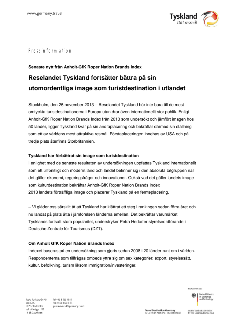 Reselandet Tyskland fortsätter bättra på sin utomordentliga image som turistdestination i utlandet