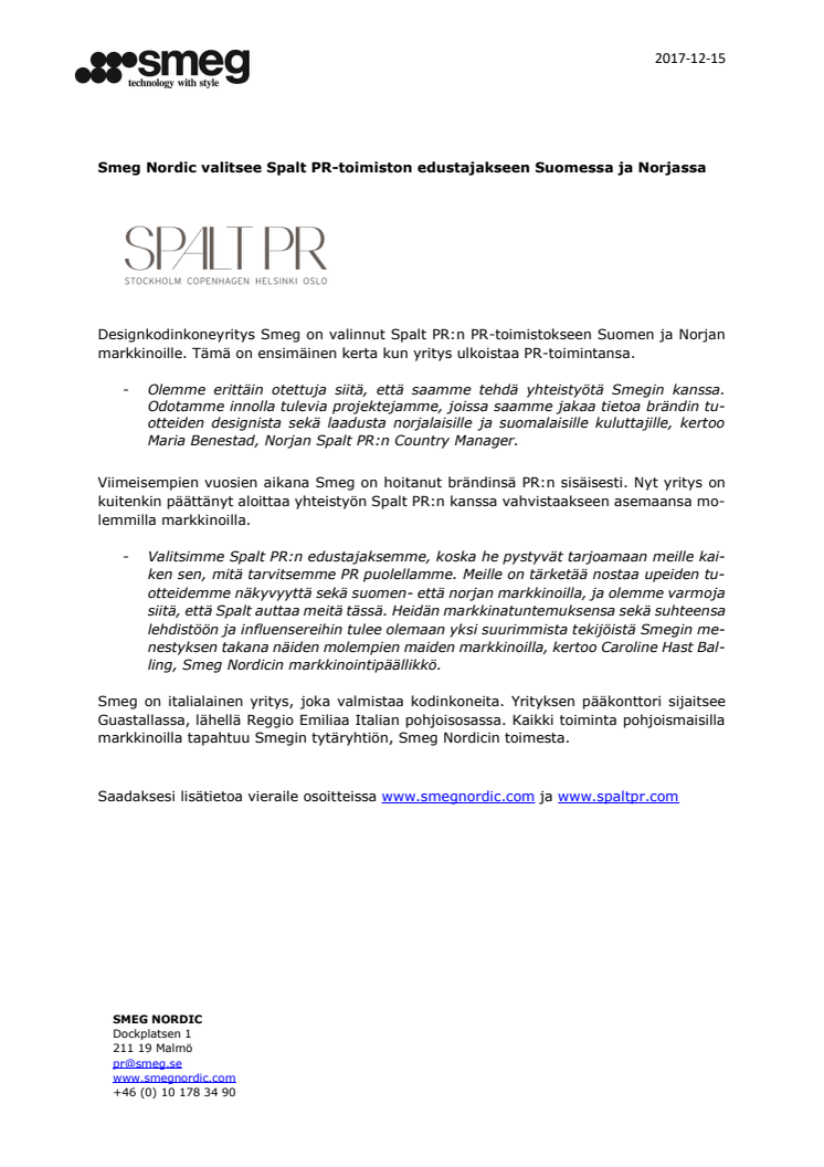 Smeg Nordic valitsee Spalt PR-toimiston edustajakseen Suomessa ja Norjassa 