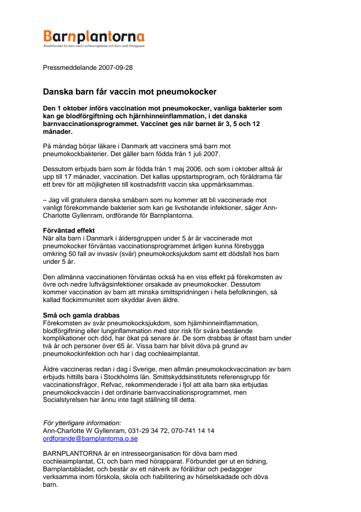 Danska barn får vaccin mot pneumokocker
