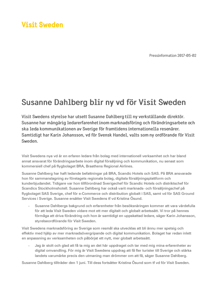 Susanne Dahlberg blir ny vd för Visit Sweden  