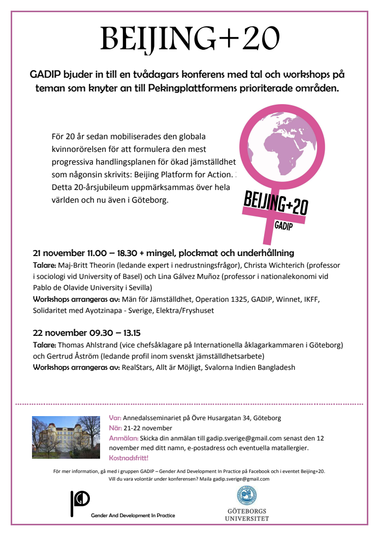 Beijing+20: Pekingplattformen för jämställdhet, utveckling och fred fyller 20 år. Konferens i Göteborg 21-22 november