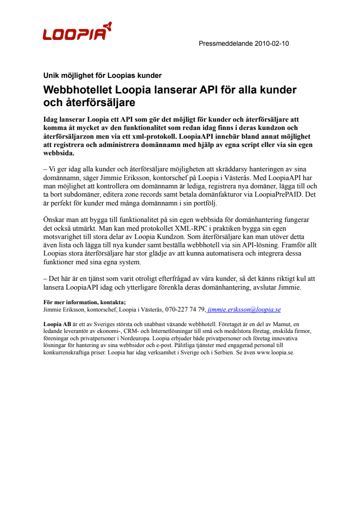 Unik möjlighet för Loopias kunder när Loopia lanserar API för alla kunder och återförsäljare