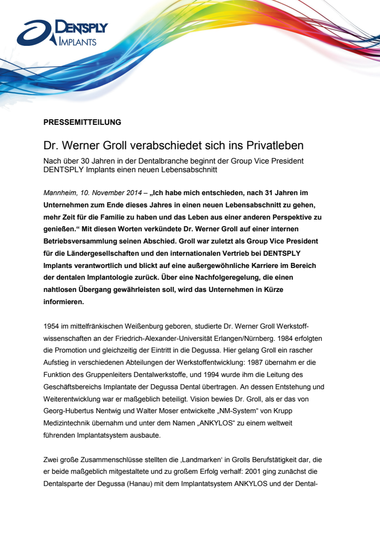 Dr. Werner Groll verabschiedet sich ins Privatleben