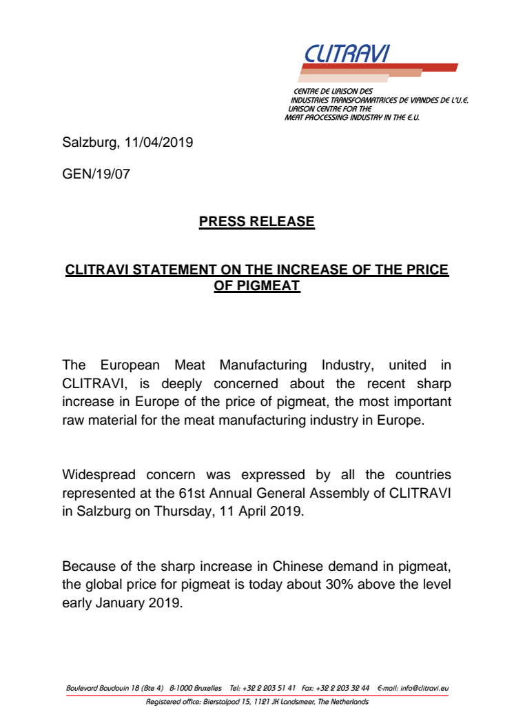 Pressrelease Clitravi: CLITRAVI STATEMENT ON THE INCREASE OF THE PRICE OF PIGMEAT