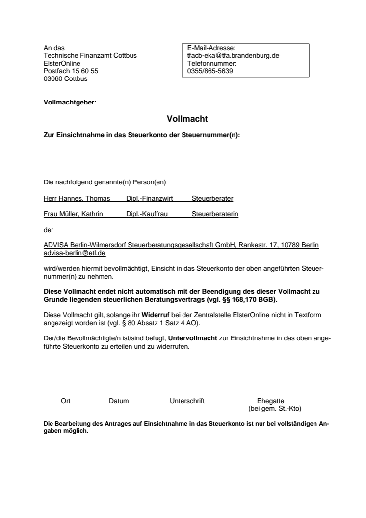 ADVISA - Vollmacht Steuerkonto online (Brandenburg)