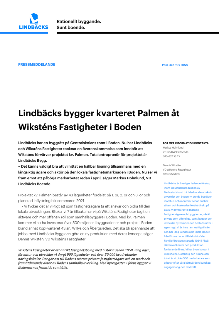 Lindbäcks bygger kvarteret Palmen åt Wiksténs Fastigheter i Boden