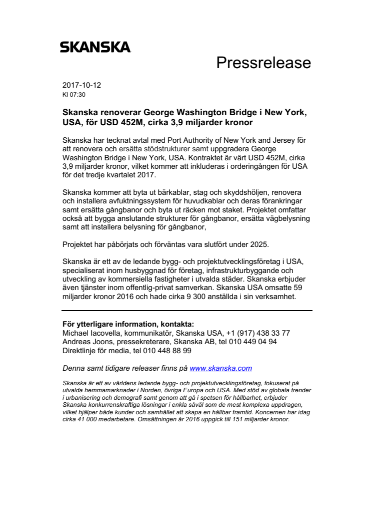 Skanska renoverar George Washington Bridge i New York, USA, för USD 452M, cirka 3,9 miljarder kronor