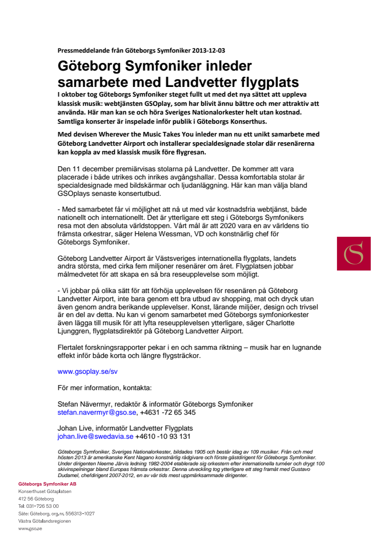 Göteborg Symfoniker inleder samarbete med Landvetter flygplats