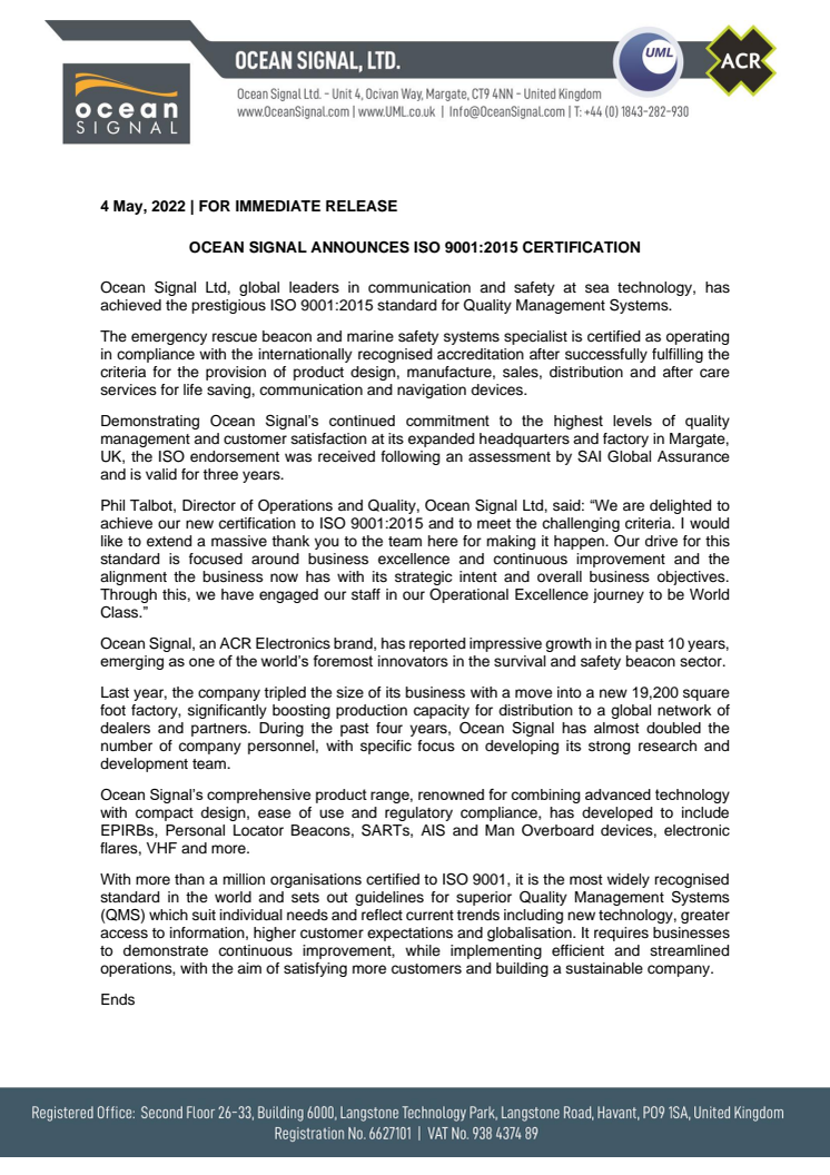 4 May 2022 - Ocean Signal Announces ISO 9001 2015 Certification.pdf