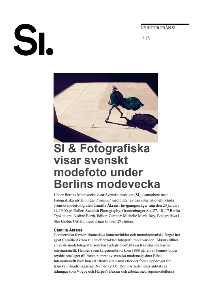 SI & Fotografiska visar svenskt modefoto under Berlins modevecka