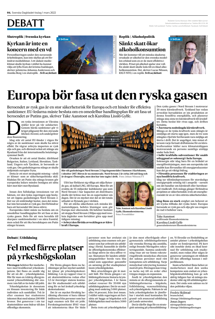 Debattartikel SVD - Europa bör fasa ut den ryska gasen