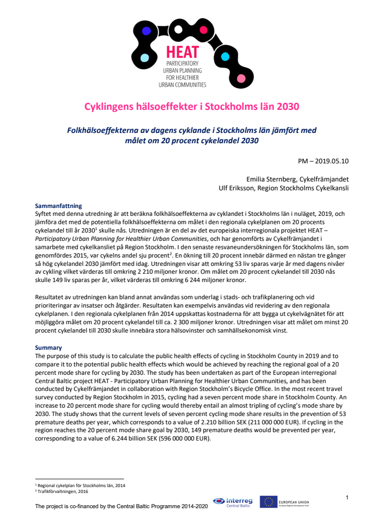 Cyklingens hälsoeffekter i Stockholms län 2030 - HEAT PM 2019.05.10