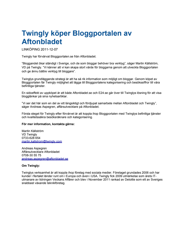 Twingly köper Bloggportalen av Aftonbladet