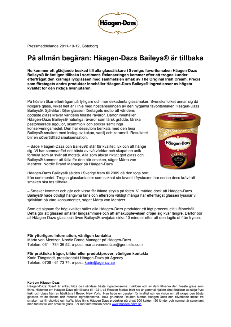 På allmän begäran: Häagen-Dazs Baileys® är tillbaka